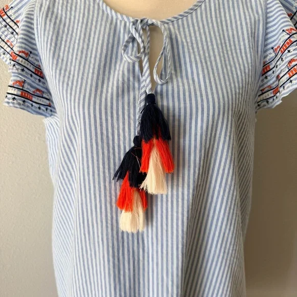 THML Blue and White Striped Cotton Sun Dress with Tassels & Embroidered Details - Picture 2 of 14